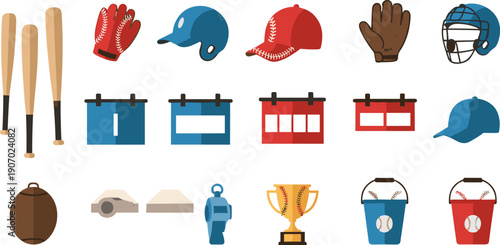 Baseball equipment and game icon set featuring bats, gloves, helmets, scoreboards, trophies, balls, and team accessories in clean flat vector style