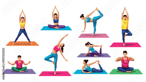 Colorful low poly yoga poses on mats with diverse individuals in activewear