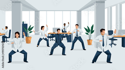 Office workers practicing tai chi in modern workspace setting