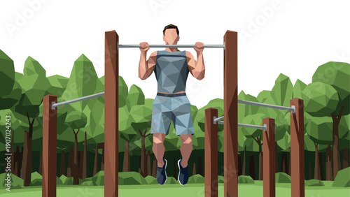 Geometric outdoor fitness scene with person doing pull-up in nature park setting
