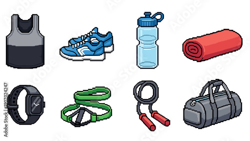 Pixel art fitness gear collection: accessories for an active lifestyle