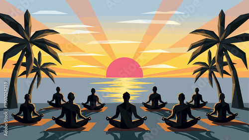 Low-poly meditation at sunset with ocean view and palm trees
