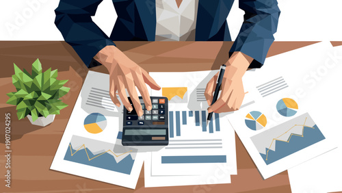 Polygonal style business analysis with calculator and graphs on desk