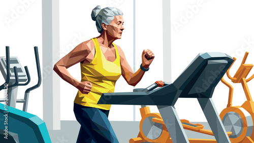 Active senior low poly art: elderly woman running on treadmill for health and fitness