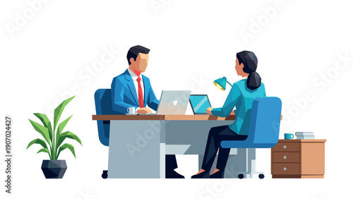 Office meeting scene with two professionals engaged in discussion at desk