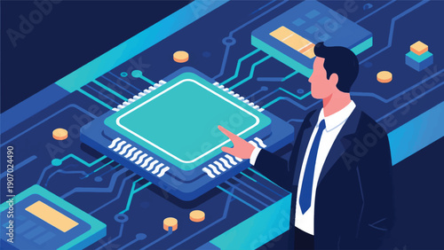 Illustration Of Future Innovation With A Businessman Touching An Electronic Circuit Board Chip Vector Design Template