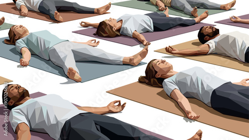 Group meditation in geometric art style: relaxation and mindfulness on yoga mats