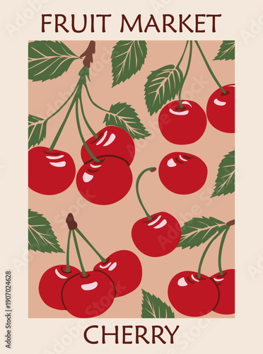 Vintage-style flat vector illustration of cherries for a fruit market, mid-century modern kitchen wall art with trendy colors and clean shapes.