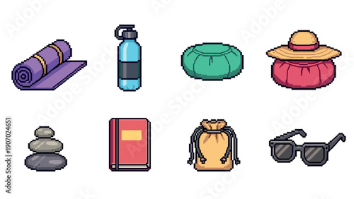 Pixel art yoga essentials: meditation and fitness icons in retro style