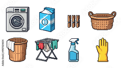 Retro pixel art laundry icons featuring washer, detergent, and cleaning supplies