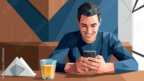 Man smiling while using smartphone at cafe in geometric style art