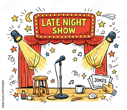 Colorful late night show stage with microphone and bright spotlights