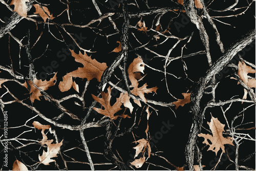 A camouflage pattern featuring tree branches and leaves, with the main color being green, brown, white, or grey.