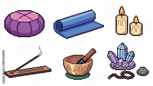 Pixel art meditation set with yoga mat, singing bowl, crystals, and candles