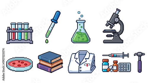 Pixel art science set: lab equipment and tools in detailed icon style