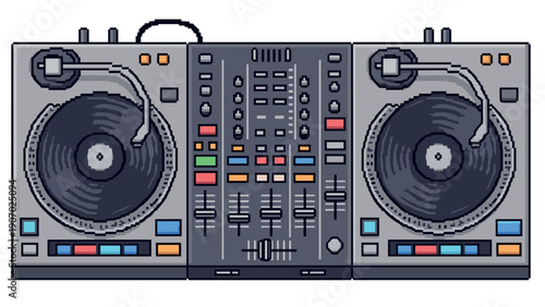 Retro pixel art dj turntable and mixer set with colored buttons