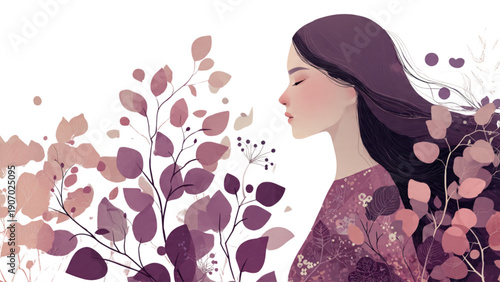 Serene Woman Embracing Botanical Beauty for Mindfulness, Self Care, and Inner Peace