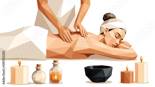 Low poly spa treatment: massage therapy with candles and oils