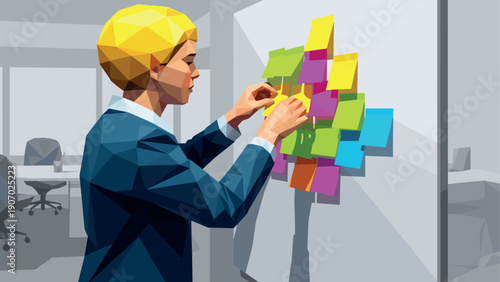 Businesswoman organizing colorful post-its in modern office low poly art style