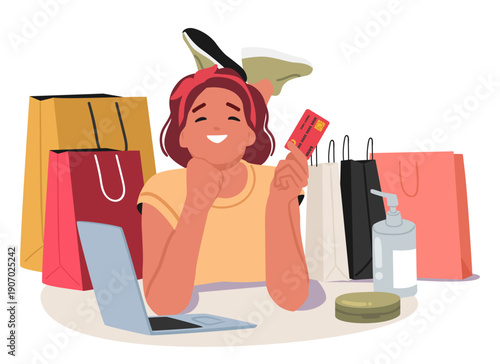 Teenage girl cartoon character using credit card to pay for goods during online shopping scene