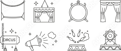 Circus and theater line icon set featuring stage curtains, performance platforms, spotlight effects, announcement signs, and show entertainment symbols in outline vector style