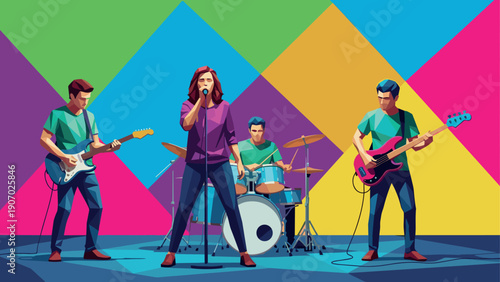 Colorful geometric band performing with musical instruments on vibrant stage