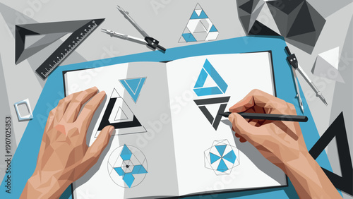 Creative geometric design sketching with tools in low poly art style