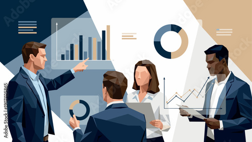Business team analyzing data in modern office with graphs and charts
