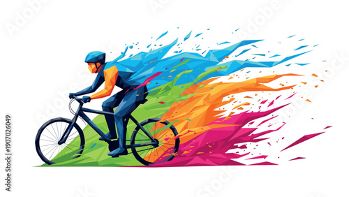 Abstract low poly cyclist in motion with colorful geometric shapes