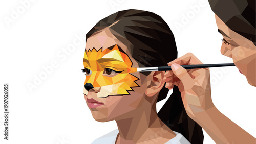 Geometric art style face painting on child transformed into tiger
