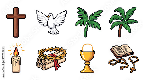 Pixel art religious symbols: cross, dove, palm, and communion elements