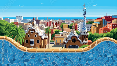 Colorful cityscape with iconic architecture and mosaic art in a vibrant outdoor scene