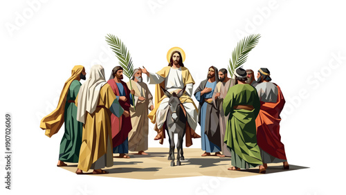 Triumphal entry depiction with jesus on donkey and followers holding palm branches