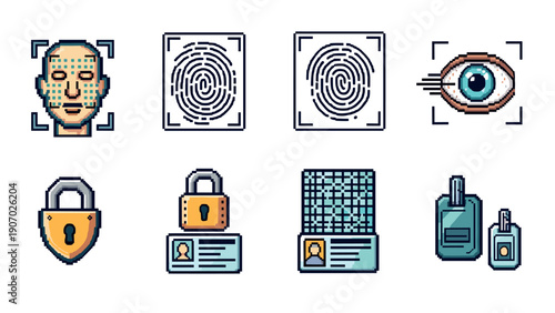 Pixel art security icons: face, fingerprint, and eye recognition