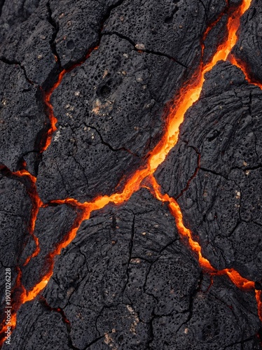 Molten lava flowing through cracked volcanic rock, magma texture background