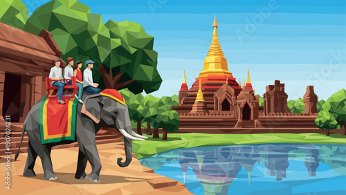 Low poly adventure at ancient temple with elephant ride by the lake
