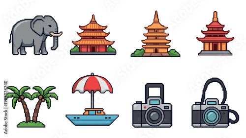 Pixel art icons of travel and culture: camera, elephant, pagoda, palm trees, sailboat