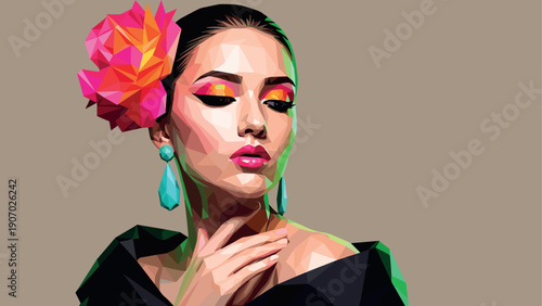 Colorful low poly portrait with floral accent and vibrant makeup