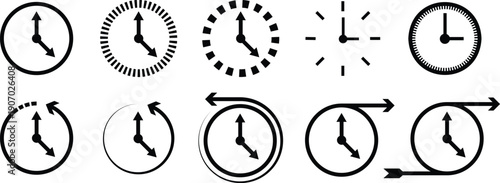 Minimal black clock and time management icon set featuring rotation arrows, deadlines, scheduling, and timer concepts in clean vector style.