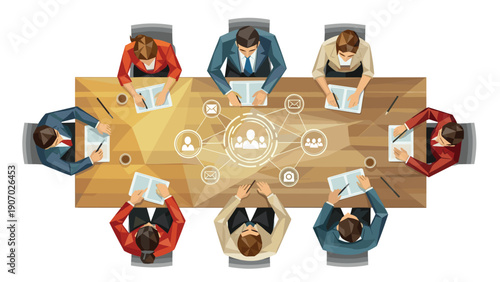 Collaborative business meeting with diverse professionals around a table, digital connection concept