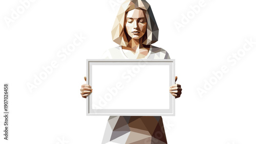Geometric low poly woman holding blank sign on white background