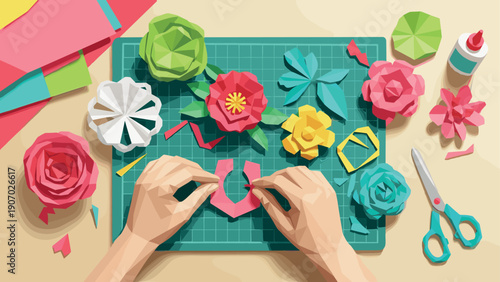 Crafting paper flowers on cutting mat with geometric style and vibrant colors