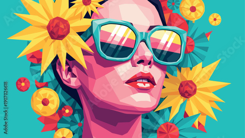 Vibrant geometric art of woman with sunglasses surrounded by colorful flowers