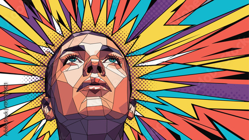 Vibrant polygonal portrait with pop art explosion and bold colors