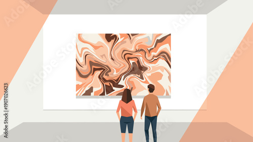 Abstract art gallery visit with modern geometric design elements and warm color palette