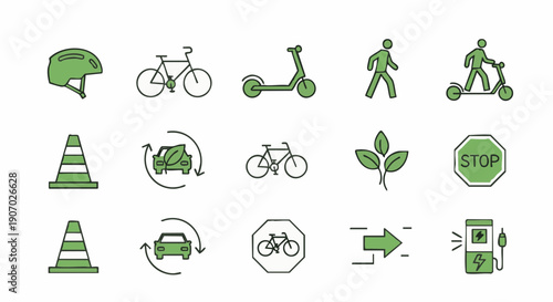 Sustainable Mobility and Commuting Icons Set. Green Transportation, Electric Scooter, Bicycle, EV Charging, and Road Safety Vector Graphics.
