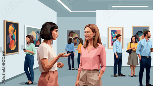 Contemporary art gallery with diverse visitors in geometric style