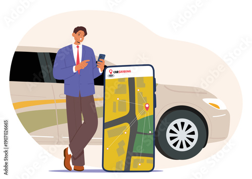 Businessman in suit using smartphone to book carsharing service for corporate travel cartoon scene