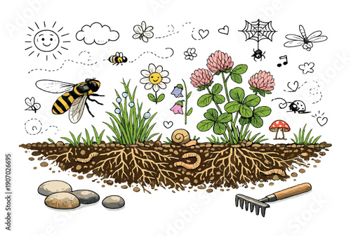 Colorful garden cross-section with insects, flowers, roots, and soil elements