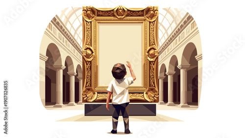 Young boy gazing at empty frame in grand museum